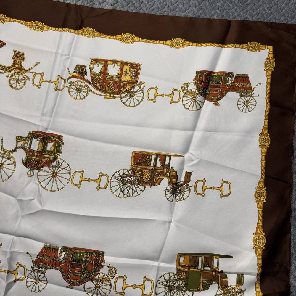 VTG Italian Carriage Print Silk-Style Scarf‎ Stage Coach Brown Gold Equestrian